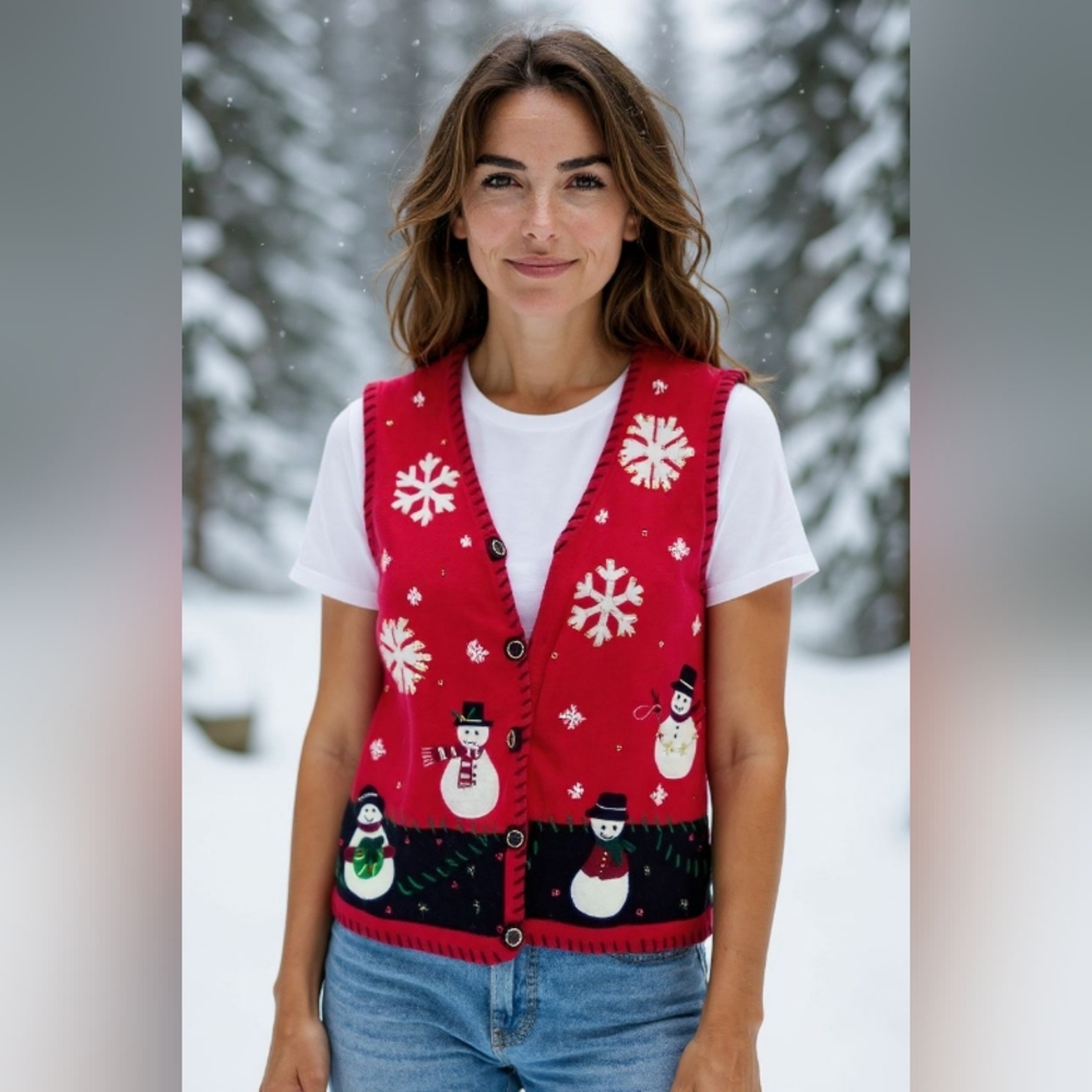 BASIC EDITIONS HOLIDAY Festive Red Snowman Sweater Vest SIZE X